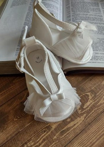 Girl’s Baptism Sandal Shoe with Tulle Ruffle and Ribbon Bow