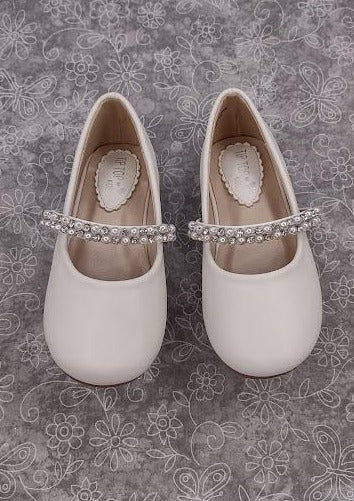 Girls’ Ivory Shoe with Pearl and Rhinestone Strap