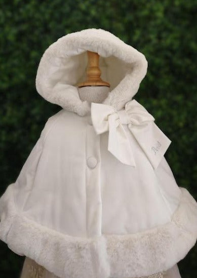 white dress fur trim Petit Girls’ Off White Cappuccio Cape with Fur Trim 3 Years / Off White