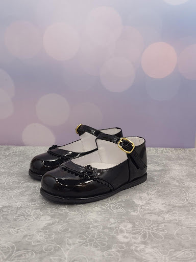 Girls’ Black Patent Leather Mary Jane Shoes with Flower Detail