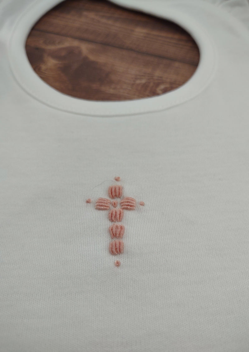 Rose Embroidered Cross Cotton Christening Bib