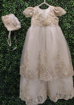 Princess Daliana Gold Embroidered Lace Christening Gown with Bonnet - D2Y1023