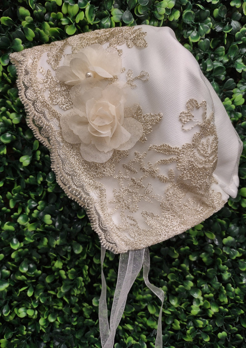 Princess Daliana Gold Embroidered Lace Christening Gown with Bonnet - D2Y1023