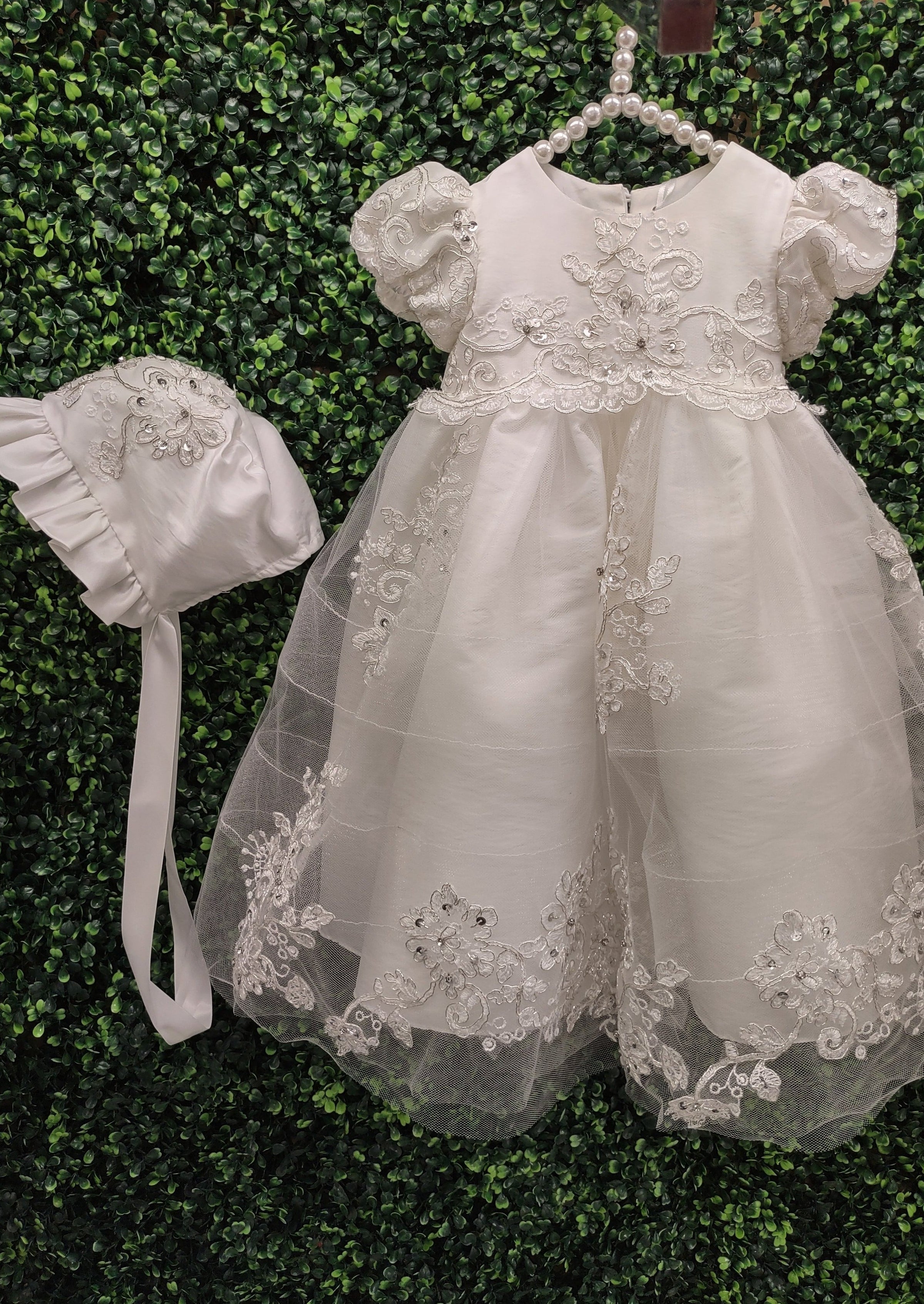 Macis Design Taffeta Christening Dress with Corded Metallic Lace and H