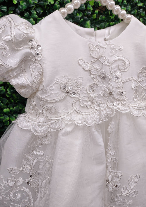 Tafeta Christening Dress with Corded Metallic Lace and Horsehair Skirt