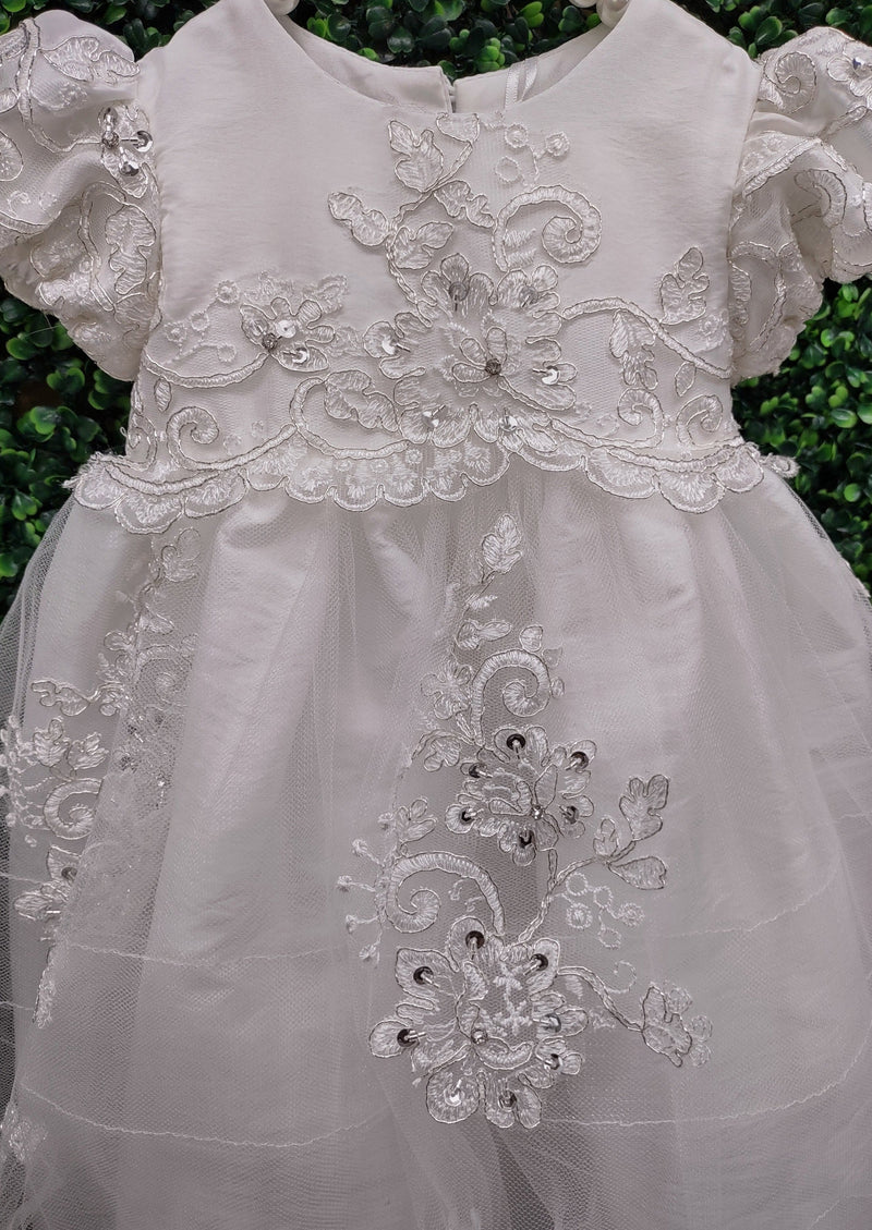 Macis Design Taffeta Christening Dress with Corded Metallic Lace and Horsehair Skirt CH1251