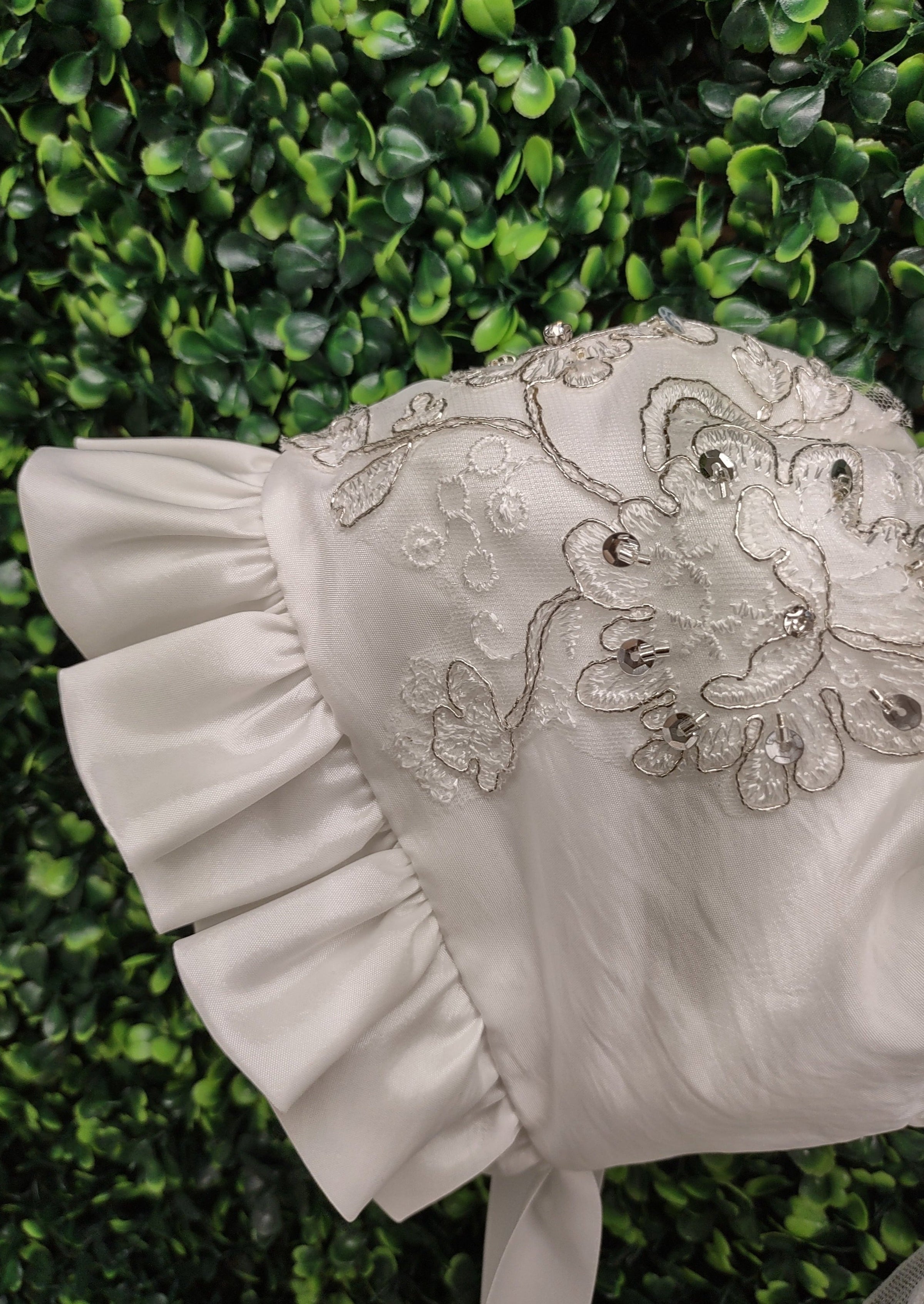 Macis Design Taffeta Christening Dress with Corded Metallic Lace and H