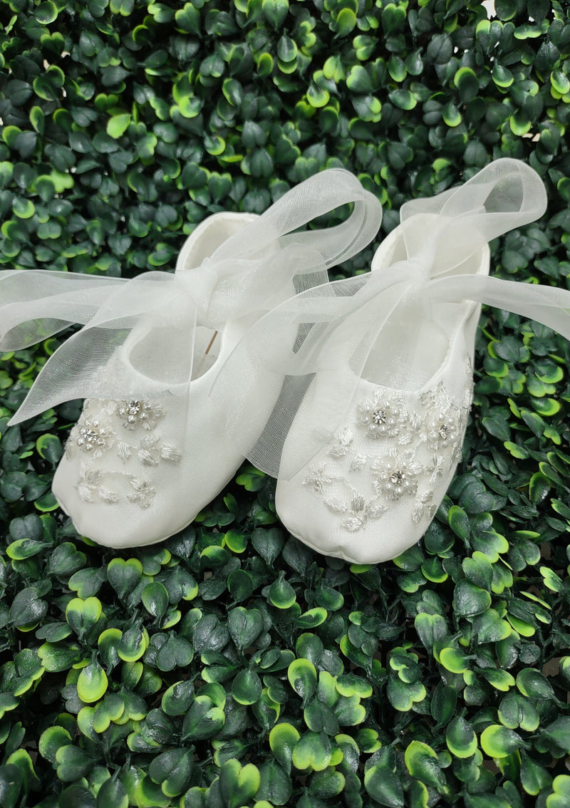 L'Pety Canar Girl’s Silk Baptism Ballet Slipper with Ribbon Tie