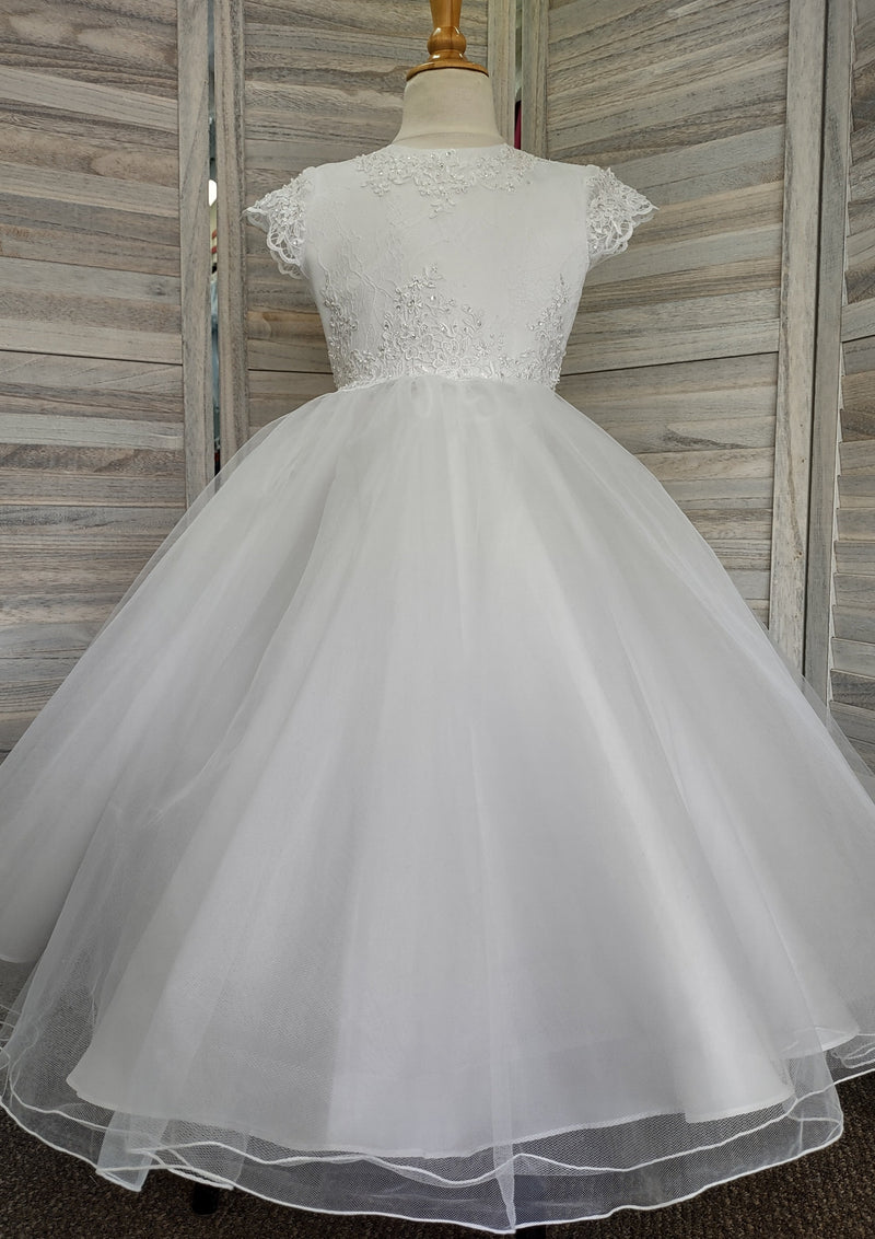 first communion dress short sleeve Short Sleeves First Communion Flower Girl Ball Gown PR132 Pre-order 11-12 years / Ivory