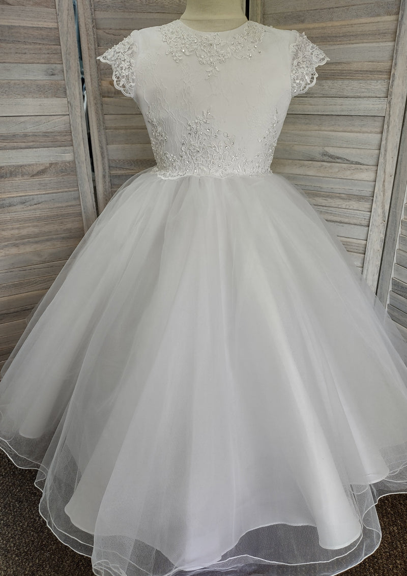 beaded communion dresses Girls Off-White Lace Communion Dress with Beaded Waist & Bow Back Off White / 7.5