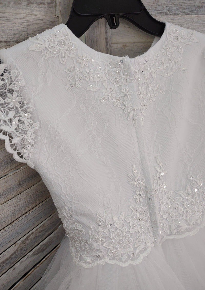 lace cap sleeve communion dress Girl's Lace Cap Sleeve Tulle Communion Dress