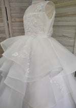 Joan Calabrese White Tea Length Organza with Tulle & Horsehair Hem Communion Dress 120345