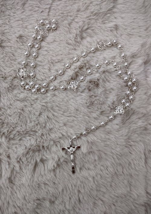Ansonia Bridal Girl's Rosary with Silver Filagree Roses 