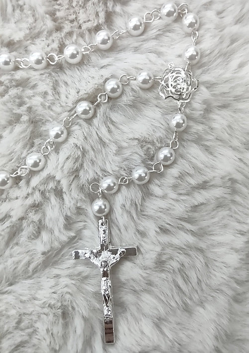 Ansonia Bridal Girl's Rosary with Silver Filagree Roses 