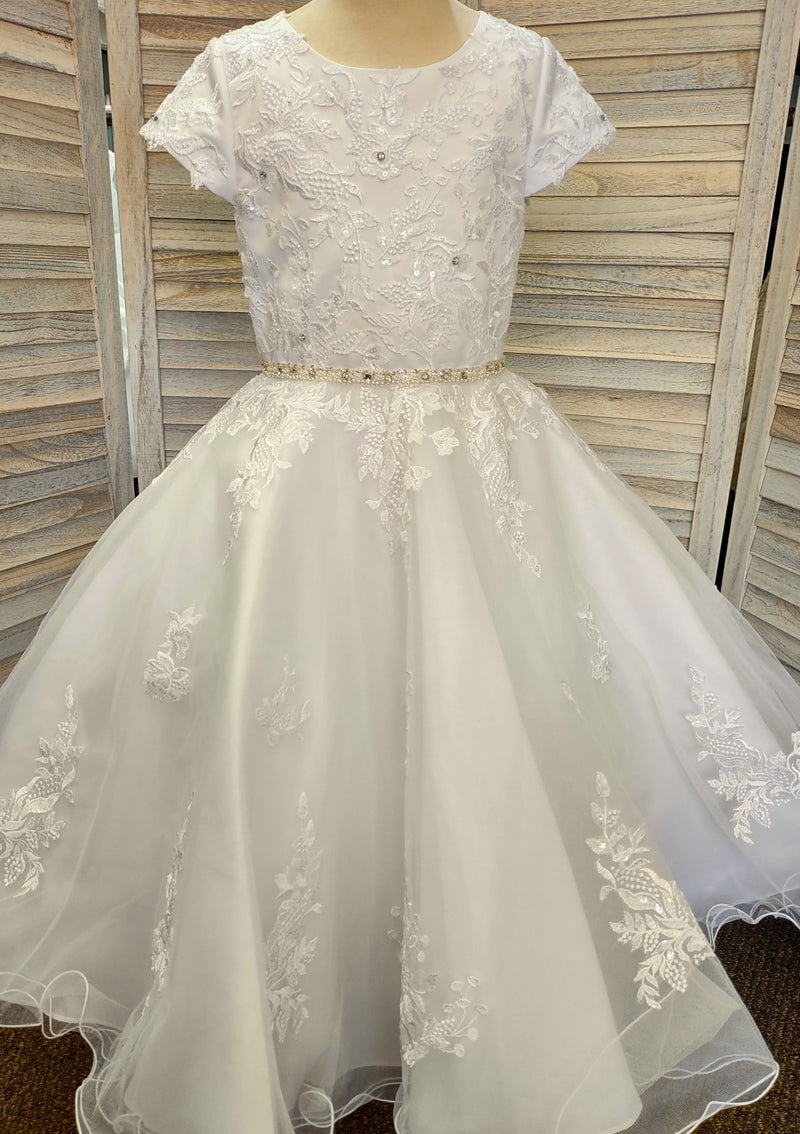 Sweetie Pie Tea Length Lace Communion Gown with Pearl Belt - 4054