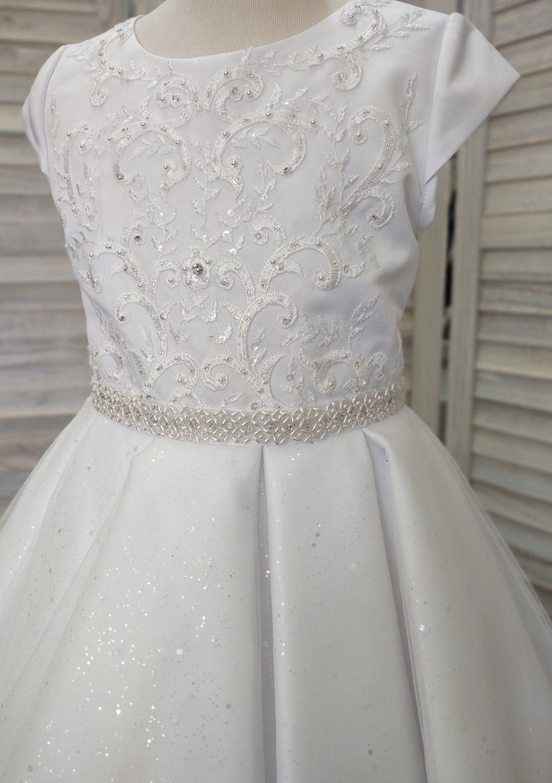 Sweetie Pie Communion Gown with Pleated Shimmer Tulle Skirt and Pearl Belt - 4065