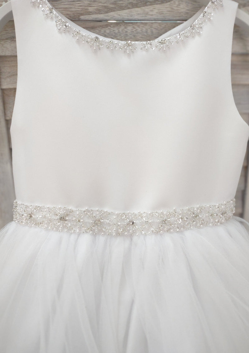 Sweetie Pie Communion White Gown with Satin Bodice and Cascading Tulle Skirt - 4050