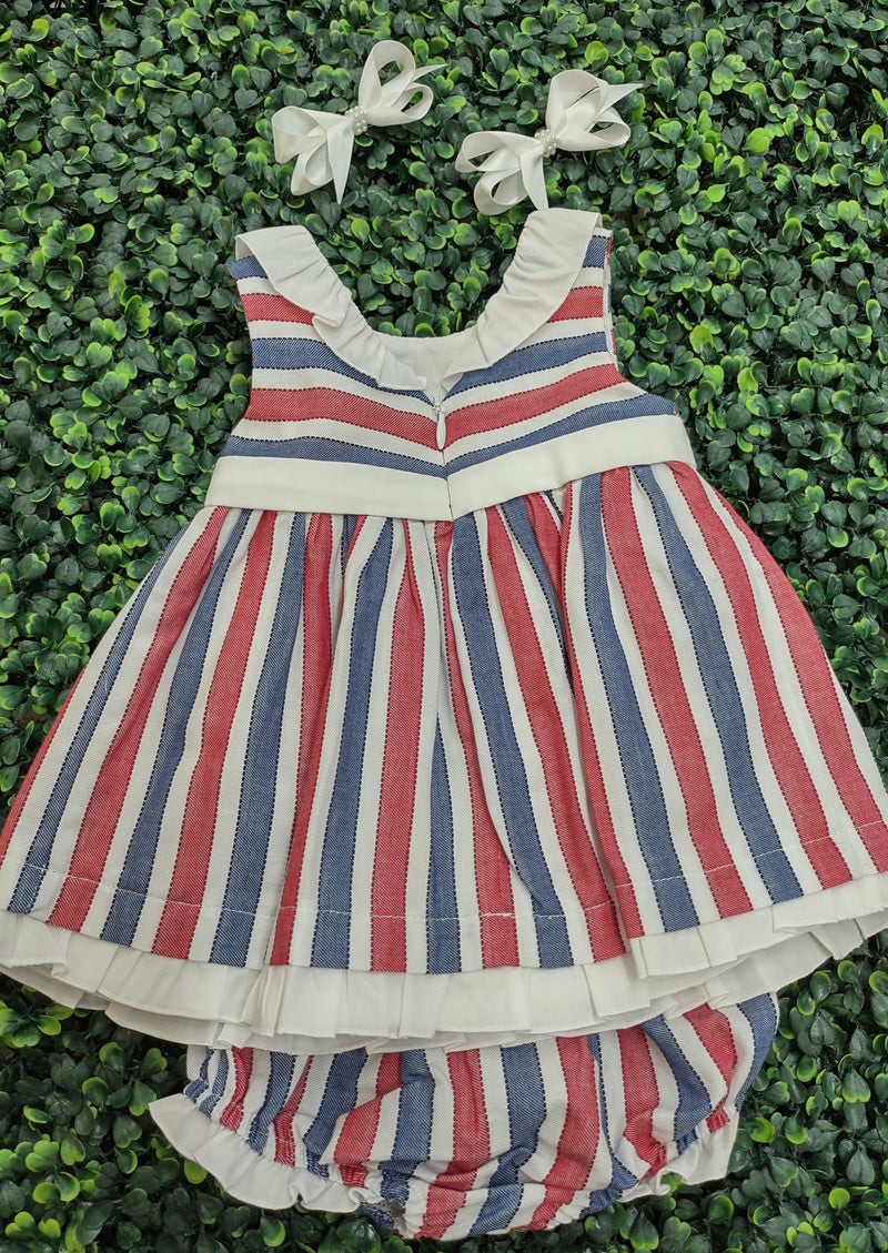 Mayoral Girl's Red White and Blue Striped Dress with Bloomers - 1847