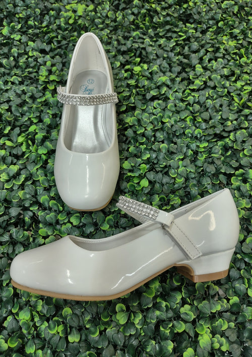 Swea Pea and Lilli- White Patent Leather MaryJane with Rhinestone Strap Girls Shoe-Mia