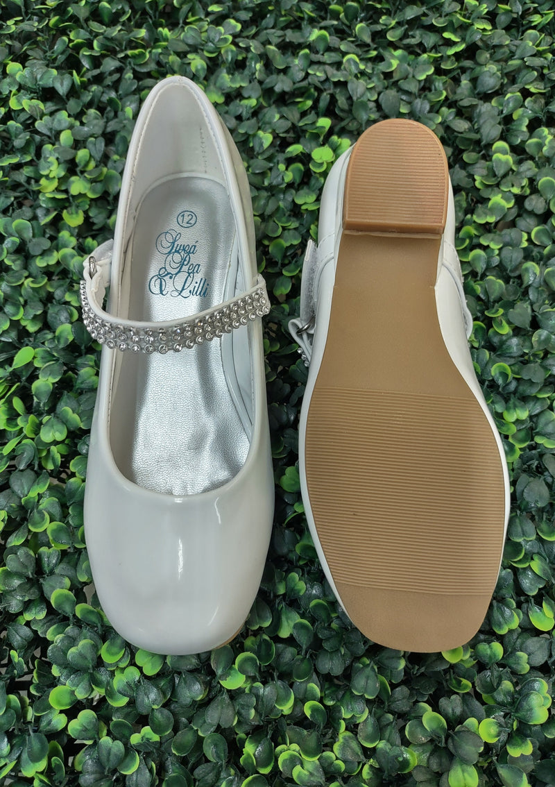 Swea Pea and Lilli - White Patent Leather MaryJane with Rhinestone Strap Girls Shoe-Mia