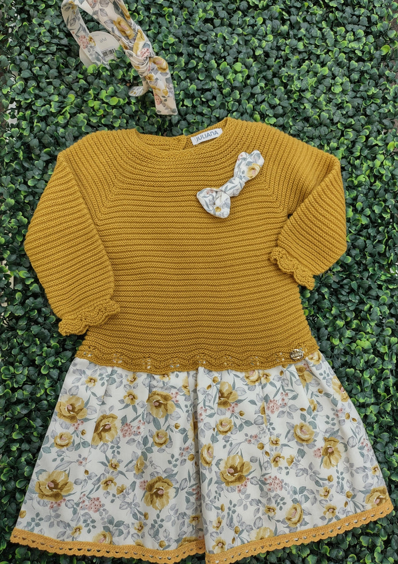 Juliana Girls Toddler Gold Knit and Floral Print Dress with Headband J4138 12 Months / Gold / Floral Juliana Girls Toddler Gold Knit and Floral Print Dress with Headband J4138 12 Months / Gold / Floral