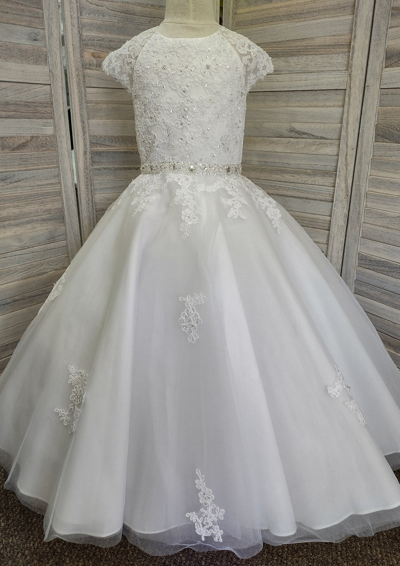 Sweetie Pie Communion Gown with Floral Lace Applique and Rhinestone Detail - 3087