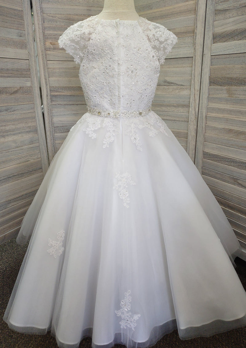 Sweetie Pie Communion Long Gown with Floral Lace Applique and Rhinestone Detail - 3087
