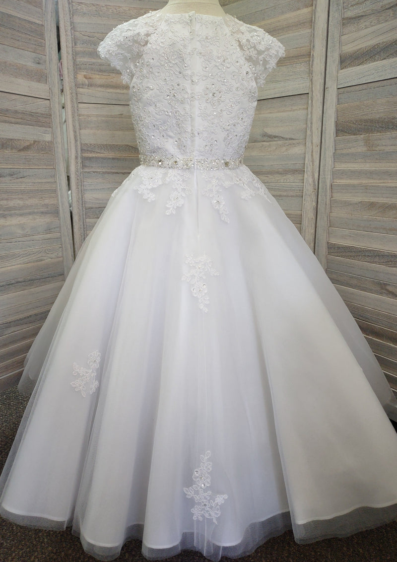 Sweetie Pie Communion Long Gown with Floral Lace Applique and Rhinestone Detail - 3087