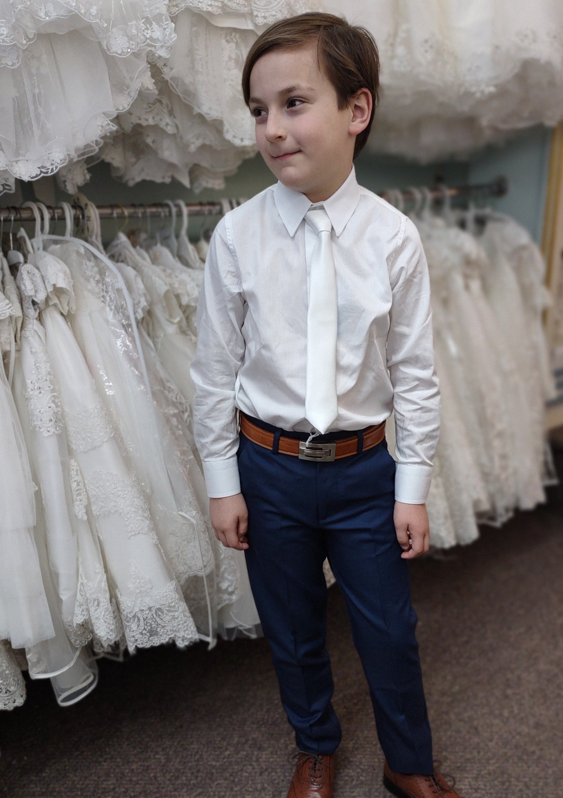 Italian Boys Mille Righe Dress Shirt 5 / White Italian Boys Mille Righe Dress Shirt 5 / White