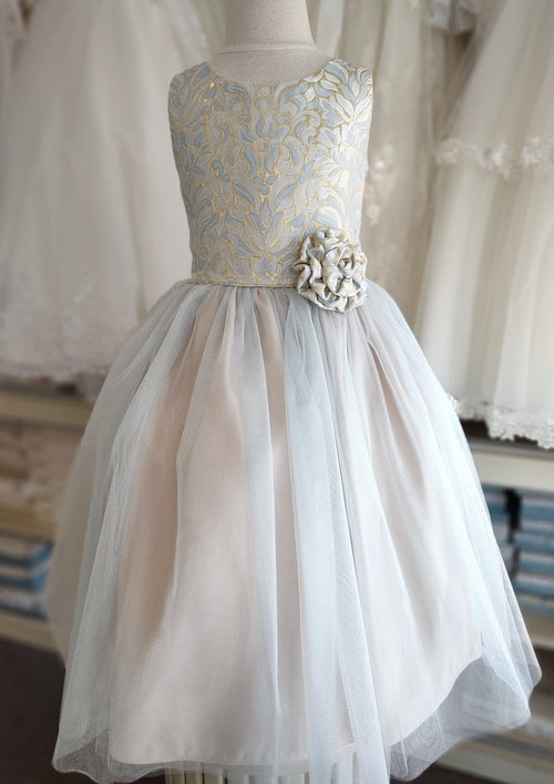 Sweet Kids Light Blue and Gold Jacquard and Tulle Party Dress