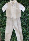 Bimbalo Boys' 4 Piece Beige Linen Pants and Vest Outfit 6090