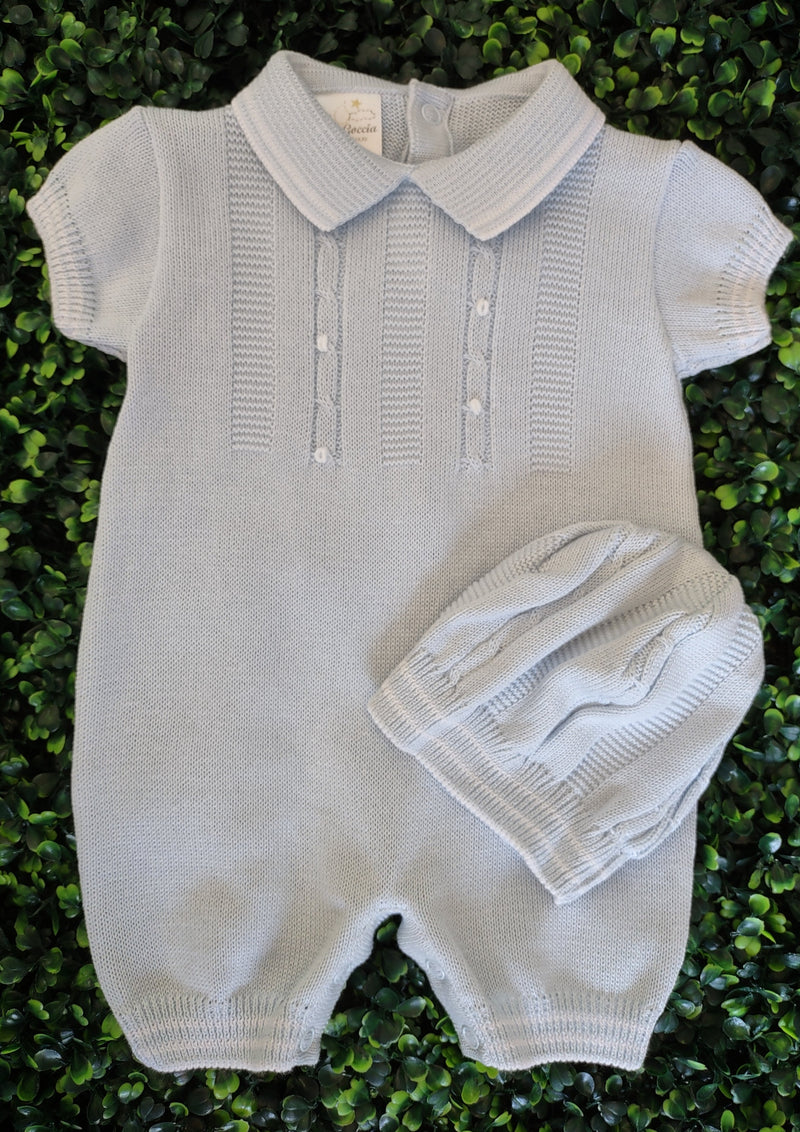 Dolce Goccia Boys' Light Blue Knit Romper with Hat 38SS22ROM000