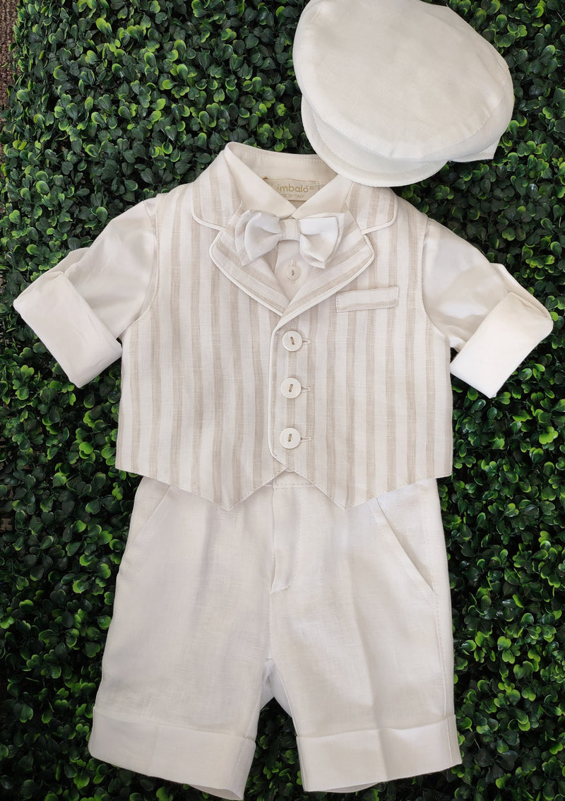 Bimbalo Boys' 5 Piece Beige Striped Linen Shorts and Vest Outfit 6082