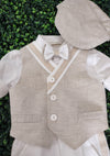 Bimbalo Boys' 4 Piece Beige Linen Shorts and Vest Outfit with Cap 6083