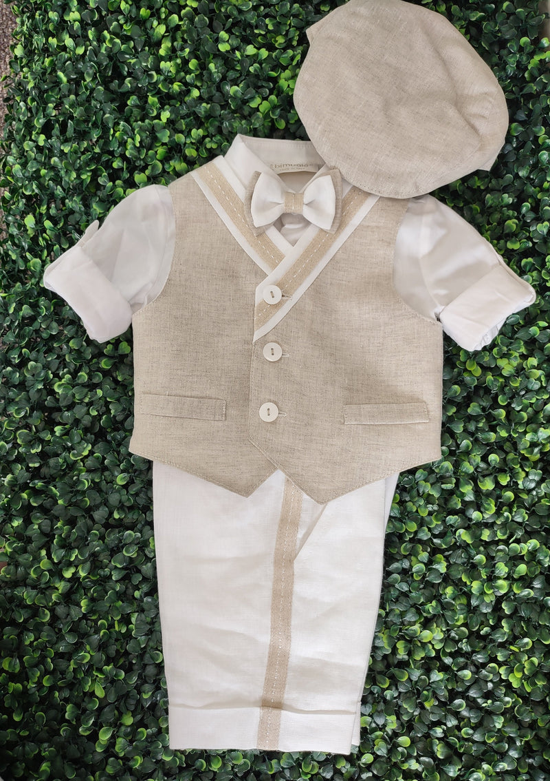 Bimbalo Boys' 4 Piece Beige Linen Shorts and Vest Outfit with Cap 6083