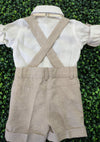 Michelina Bimbi Beige Linen Shorts Outfit with Suspenders T96