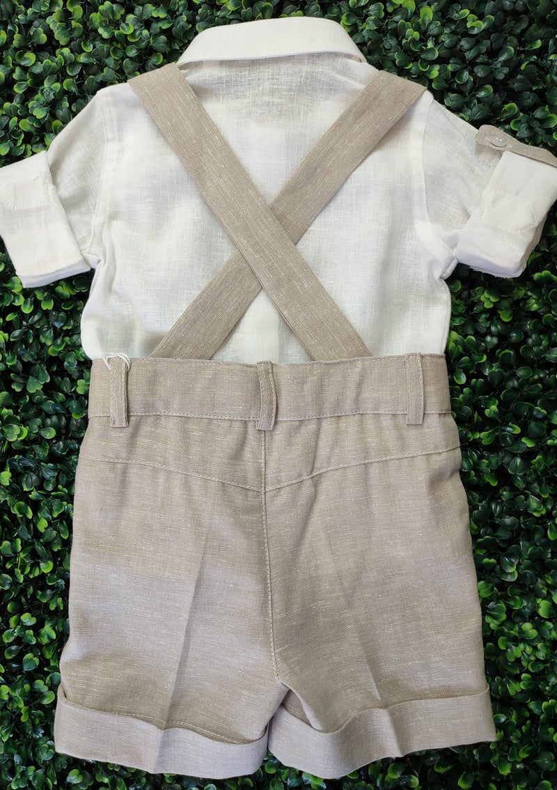 Michelina Bimbi Beige Linen Shorts Outfit with Suspenders T96