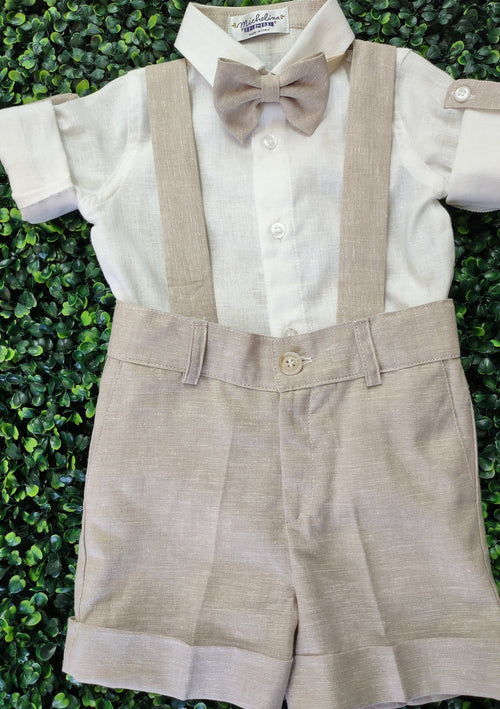 Michelina Bimbi Beige Linen Shorts Outfit with Suspenders - T96