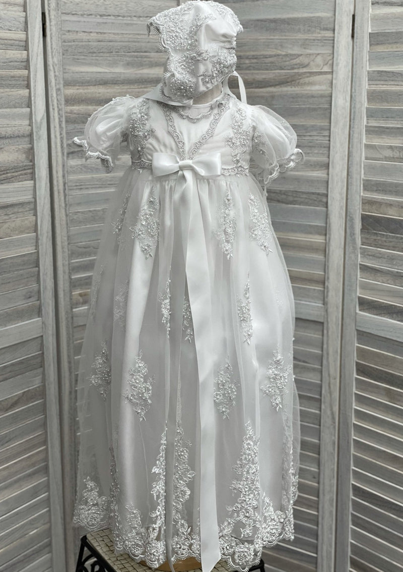 L'Pety Canar Satin and French Metallic Lace Christening Gown 9-12 Months / White / Silver L'Pety Canar Satin and French Metallic Lace Christening Gown 9-12 Months / White / Silver