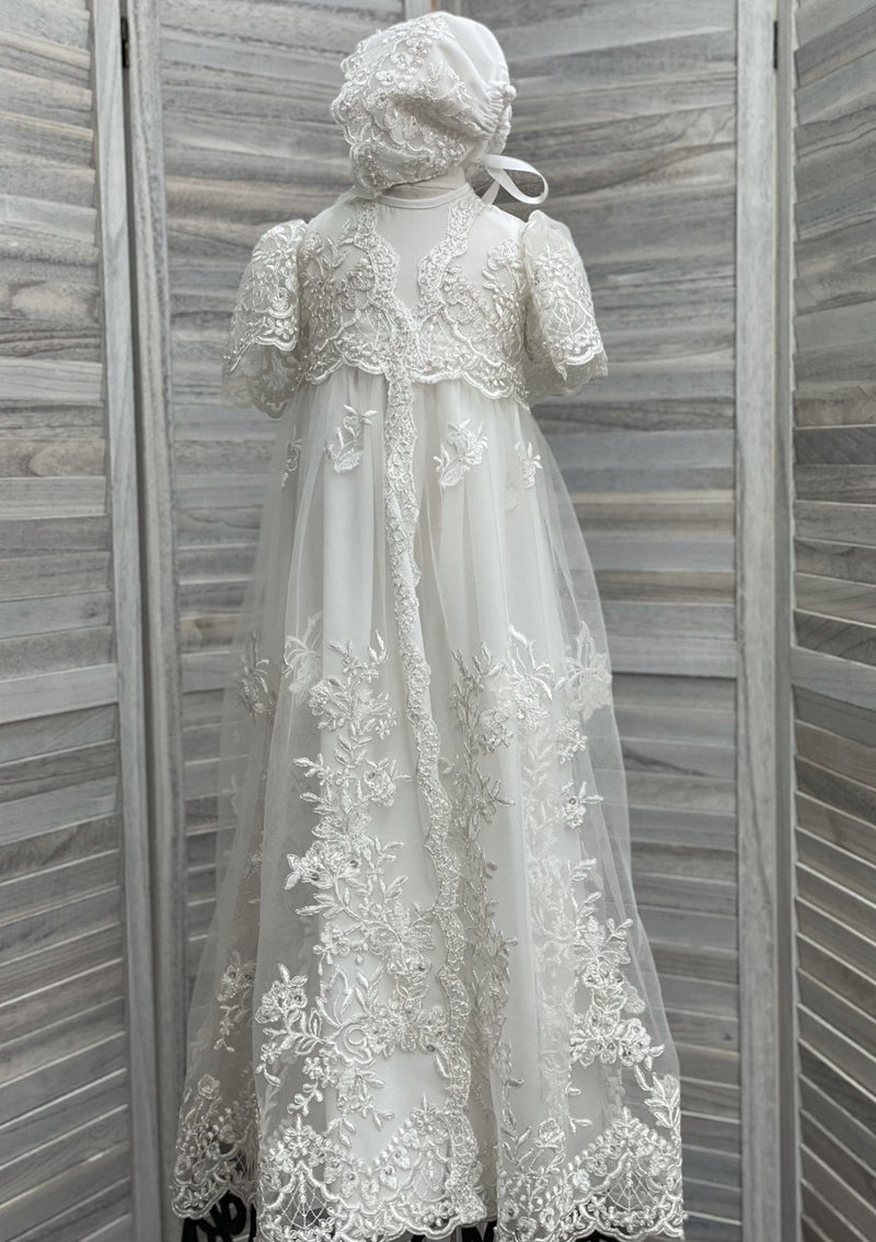 white christening dresses L'Pety Canar Crepe and French Metallic Lace Off White Christening Gown – Sara's Children's Boutique