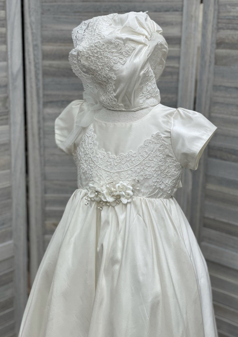 Nan & Jan Girls’ Off White Silk Christening Gown with Floral Embroidered Bodice - Long