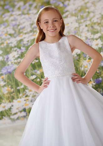 Joan Calabrese White Tea Length Communion Dress with Beaded Belt Joan Calabrese White Tea Length Communion Dress with Beaded Belt