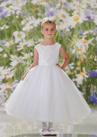 Joan Calabrese White Tea Length Communion Dress with Shimmer Tulle Skirt - 120331