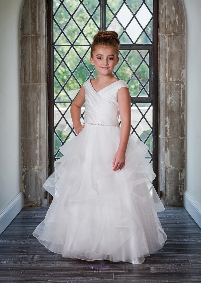 macis design dresses Macis Design Pleated Satin Communion Long Gown with Tulle Cascade Skirt 1941 12 / White