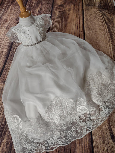 Nan & Jan Girls Christening Gown with Embroidered Applique Sleeve 6 Months / Off White Nan & Jan Girls Christening Gown with Embroidered Applique Sleeve 6 Months / Off White