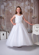 Rosabella Ankle Length Lace and Tulle Communion Gown with Rhinestone Belt RB624