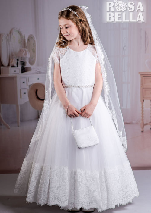 Rosabella Ankle Length Lace and Tulle Communion Gown with Rhinestone Belt RB626