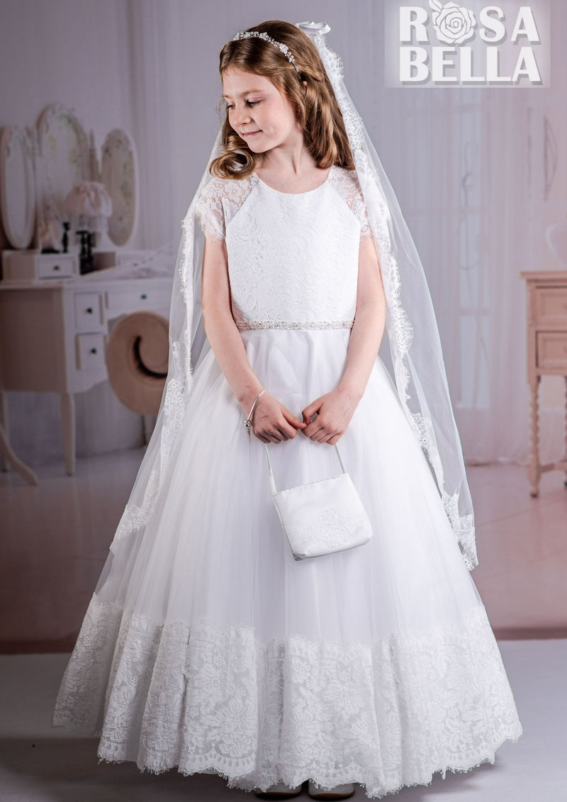 Rosabella Ankle Length Lace and Tulle Communion Gown with Rhinestone Belt RB626 6.5 / White Rosabella Ankle Length Lace and Tulle Communion Gown with Rhinestone Belt RB626 6.5 / White