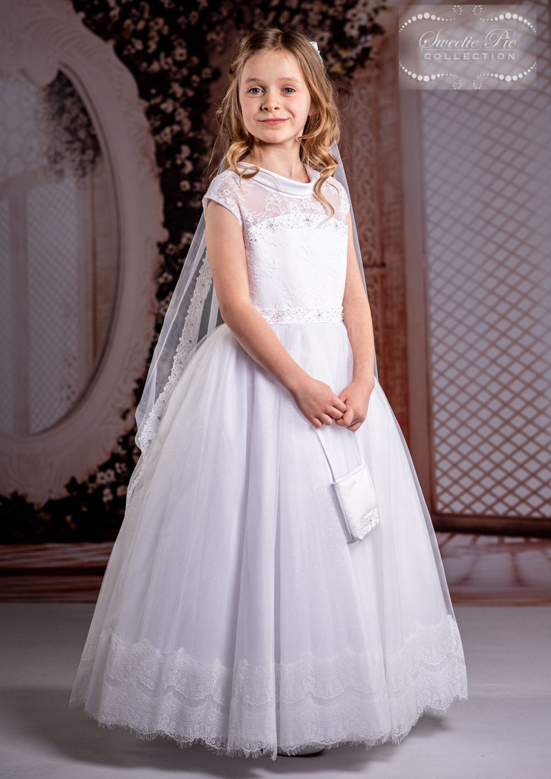Sweetie Pie White Communion Dress with Beaded Lace Bodice and Veil - 4075