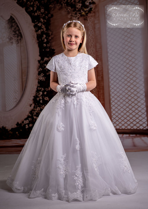 Sweetie Pic White Communion Long Lace Hem Gown - 4078